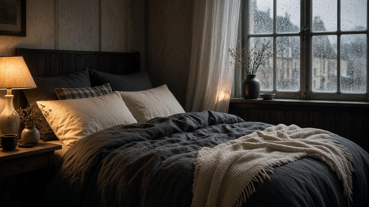 Winterklaar bed met dik dekbed en warme tinten