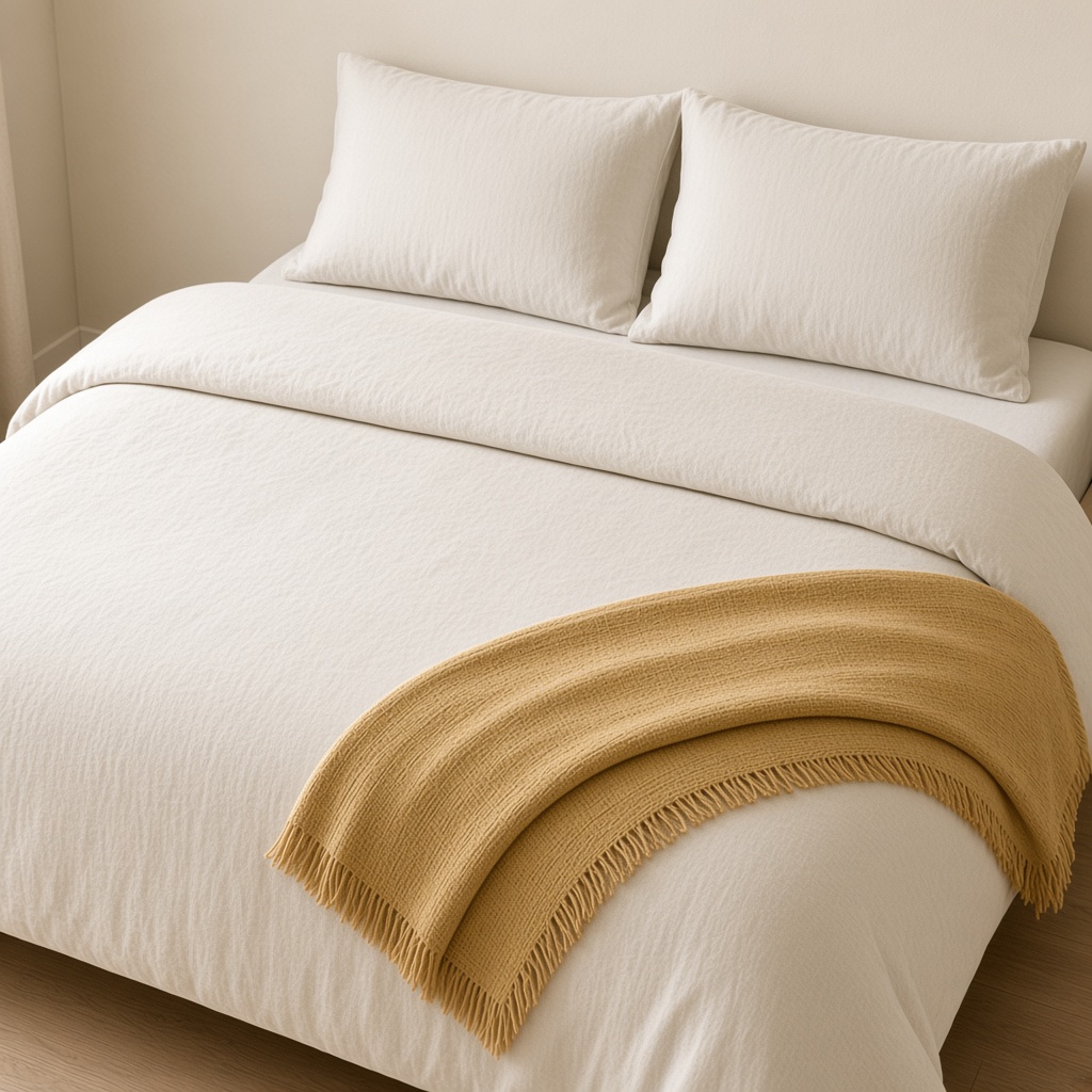 Crèmekleurig katoenen dekbedovertrek met gouden plaid op een opgemaakt bed
